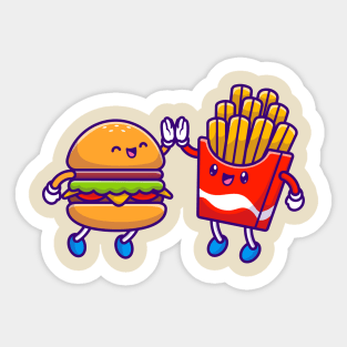 Cute Hamburger High Five With french fries Cartoon Sticker